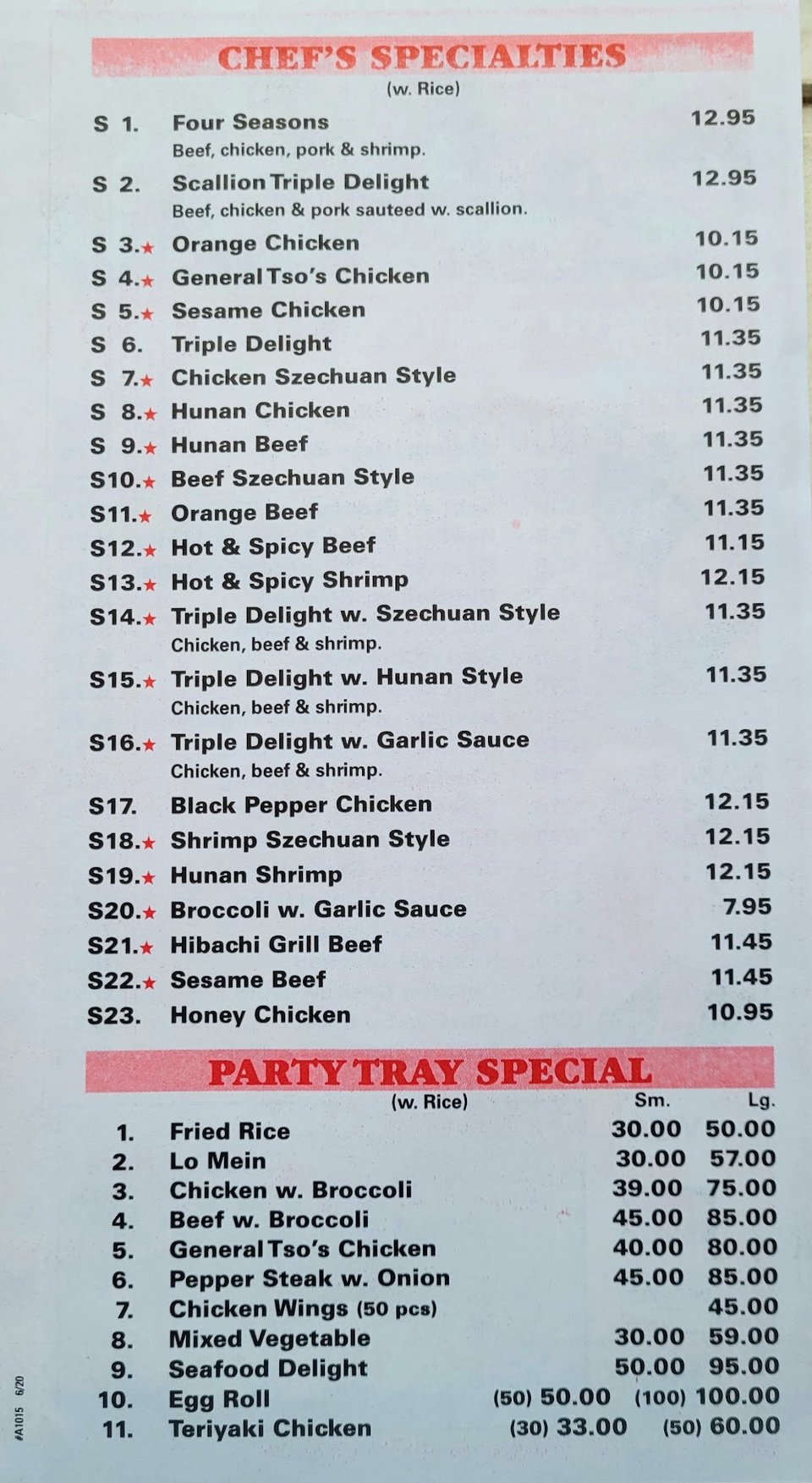 Printed menu showing fried rice and soup choices.