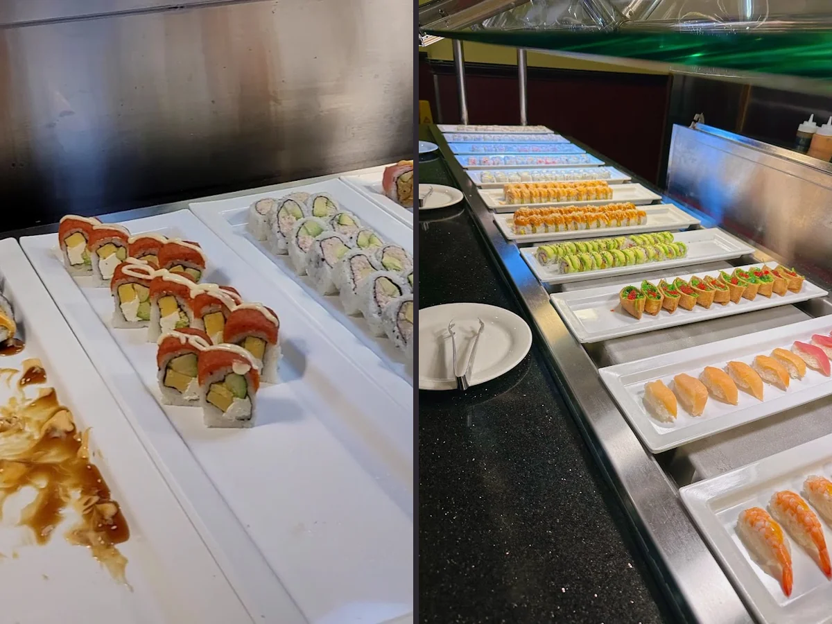 Sushi and hibachi counter inside a casual restaurant.