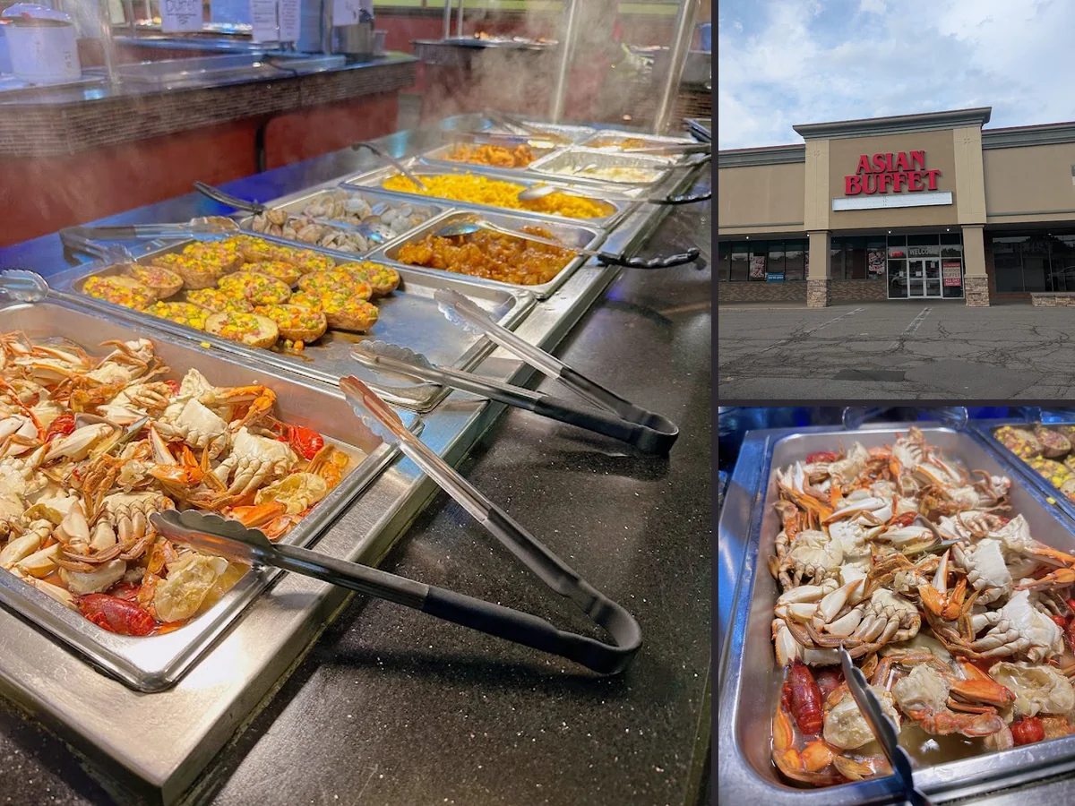 Rows of hot dishes and serving stations.