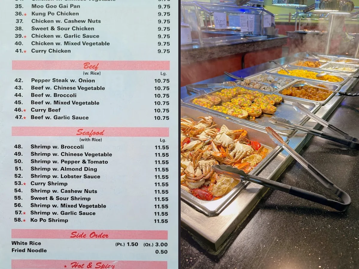 Buffet trays arranged under bright lights.
